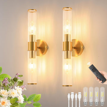 Gold Battery Operated Wall Sconces Set of Two, Rechargeable Wall Sconce with Dimmable Remote Control, 20 Inch