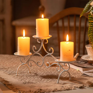 Rustic Fireplace Candelabra Candle Holder, 3 Arm Metal Pillar Candle Holders, Shabby Chic White Candle Holder for