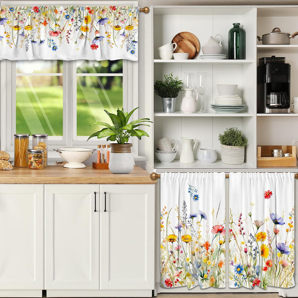 3 Piece Spring Kitchen Curtains and Valances Set for Window | Summer Floral Cafe Curtain 36 Inch Length Black & White