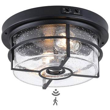 Motion Sensor Outdoor Flush Mount Ceiling Light - Sleek Round Exterior with Seeded Clear Glass - Perfect for Front