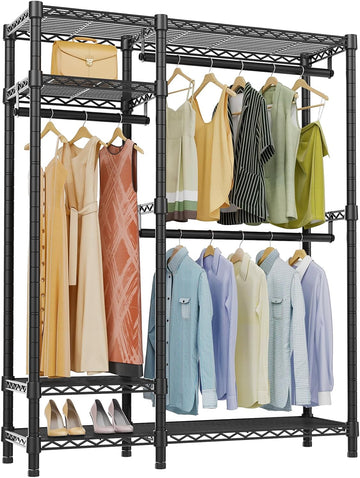 V2 Heavy Duty Clothes Rack, Portable Metal Closet System, Black | Freestanding Wardrobe with 4 Tiers Adjustable Wire