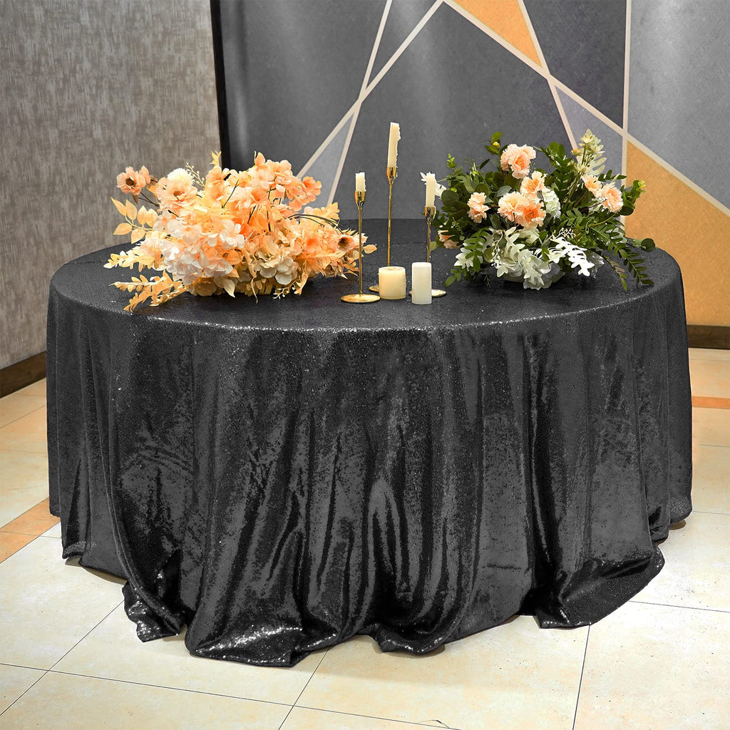 Black Blue Sequin Tablecloth, 120 Inch Round Glitter Table Cover