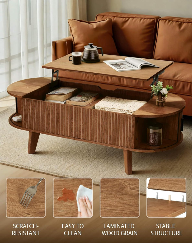 Oval Lift Top Coffee Table with Storage, 47.2" Mid Century Modern Living Room Center Table with 180° Sliding Tambour