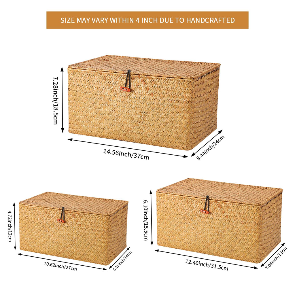 Wicker Shelf Basket with Lids, Seagrass Storage Baskets Bins Rectangular Woven Baskets Boxes for Organizing