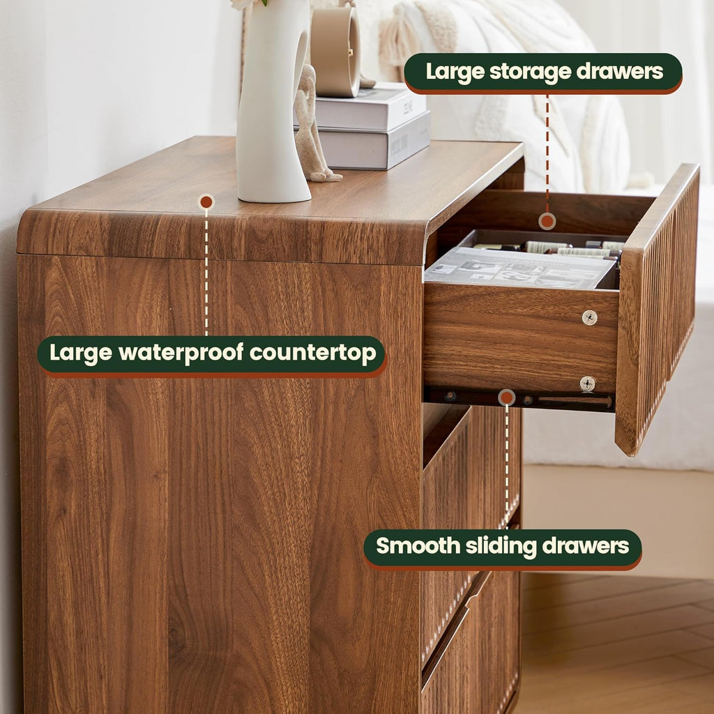 3 Drawer Dresser, 31.5" Wide, Walnut Brown | Mid Century Modern Wood, Chest of Drawers, Fluted Design, Living Room