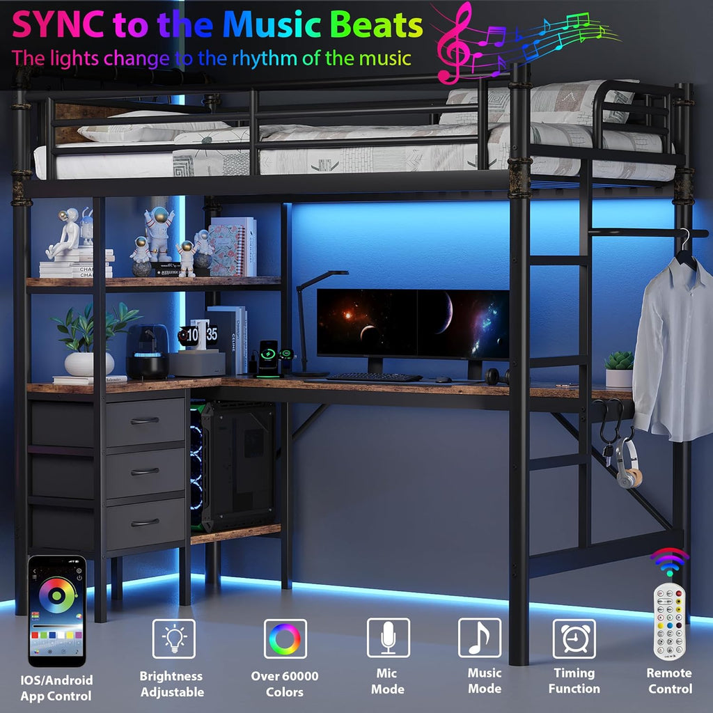 Twin Loft Bed with L-Shaped Desk, LED Lights,Charging Station