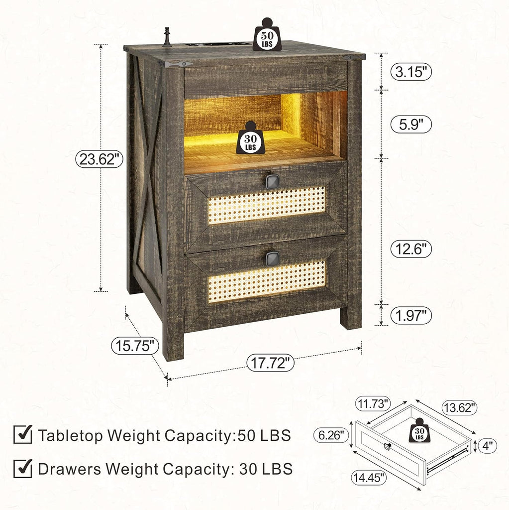 Rustic Nightstand with Gun Drawer, End Table with Charging Station, LED Bedside Table with Human Sensor Light, Rattan