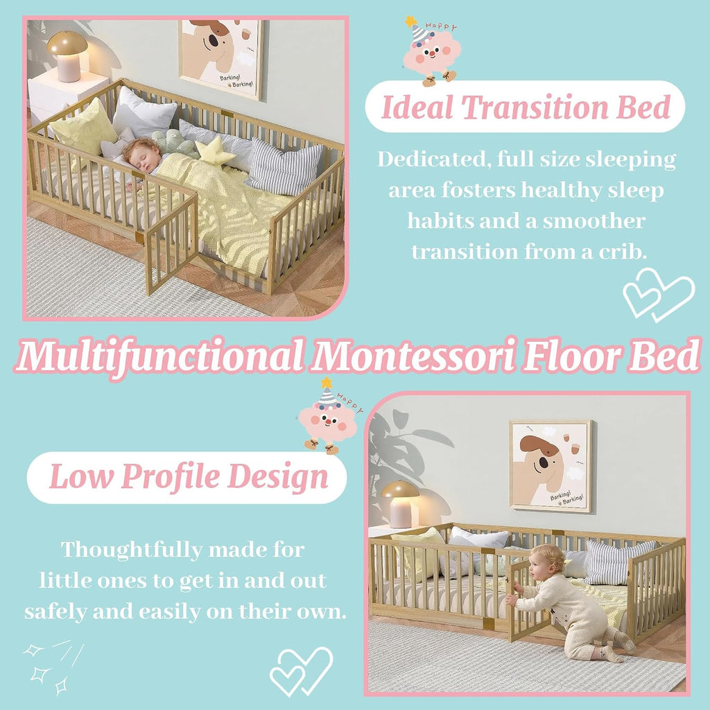 Full Size Montessori Floor Bed with High Rails and Slats, Solid Wood Floor Bed Frame with Door,Full Low Wooden Kids