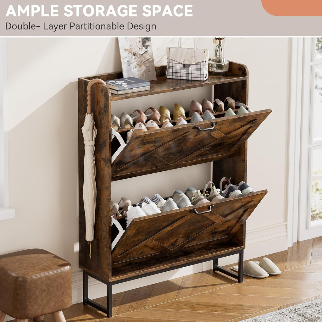 Shoe Cabinet Organizer with 2 Flip Drawers, Freestanding Narrow Rack with Metal Legs, Farmhouse Slim Shoe Storage