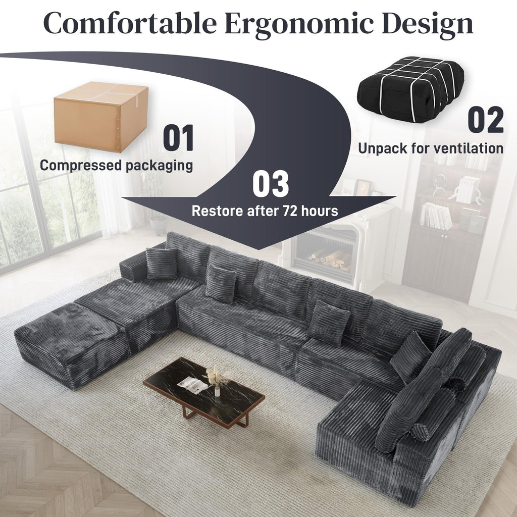 177" U-Shaped Boneless Cloud Modular Sectional Sofa, Dark Gray