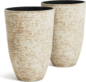 9 Gallon Tall Round Planters Set of 2-14" Dia x 21" H Stone Finish Flower Pots Indoor Decorative Container Garden