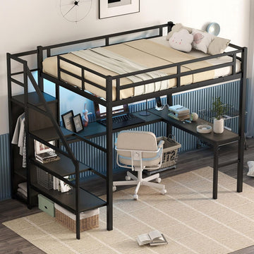 Metal Full Loft Bed with Desk and Wardrobe,Heavy Duty Loft Bed Frame with Storage Stairs,LED Lights and Charging