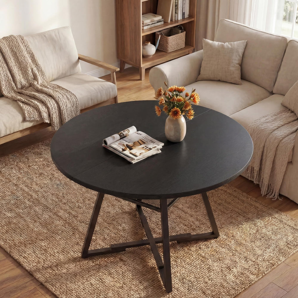 42" Round Dining Table for 4-6, Small Kitchen Table with Storage Shelf, Wood Industrial Circle Table with Pedestal