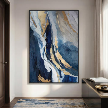 Extra Large Framed Blue Abstract Wall Art , 40x60 In Oversized Blue and Gold Modern Canvas Prints Paintings, Big