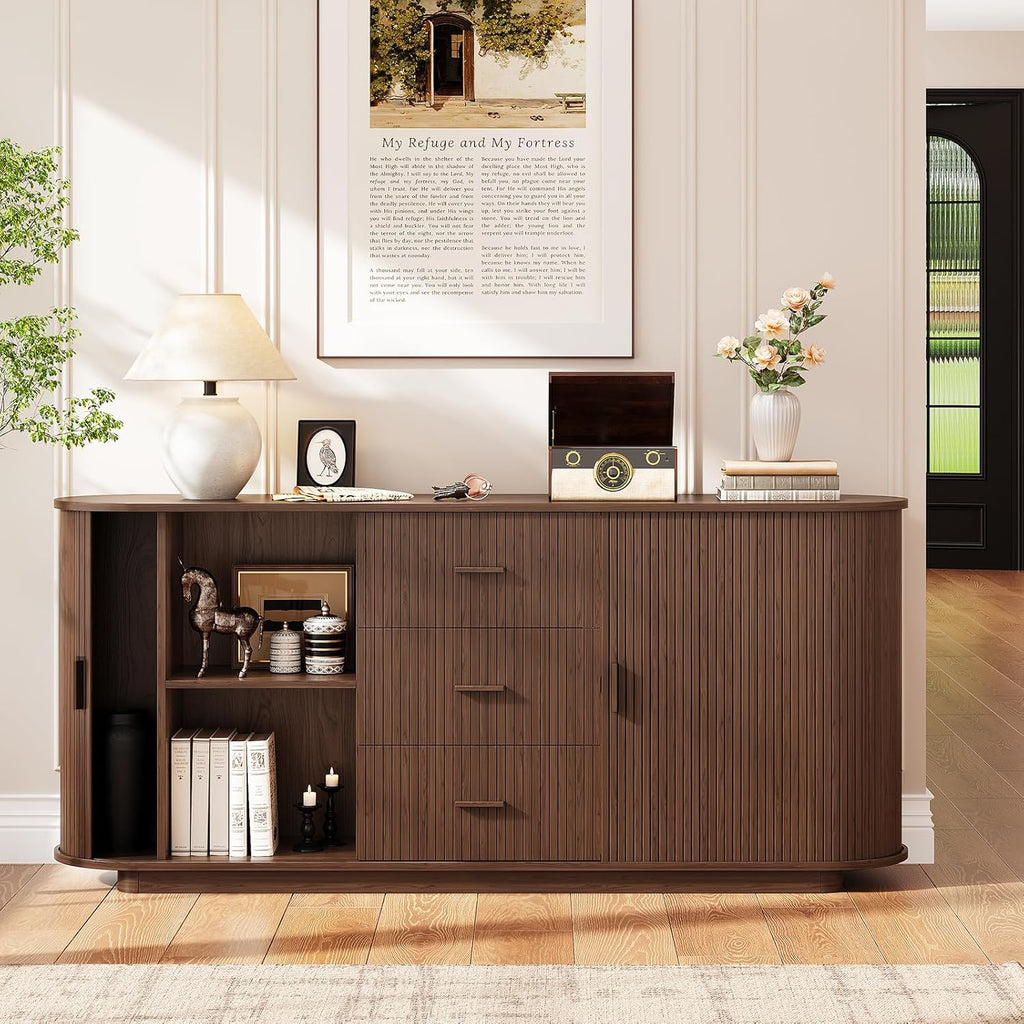 63" Fluted Sideboard Buffet Cabinet with 3 Drawers & 2 Doors, Mid-Century Modern Buffet Sideboard Cabinet with Storage