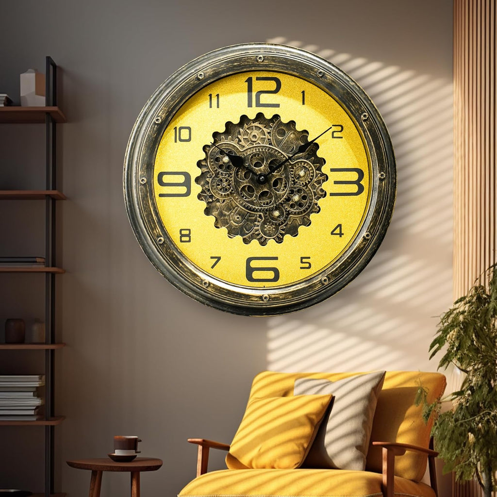 16 inch Large Gear Clock with Real Moving Gears, Steampunk Gold Wall Clock, Suitable for Living Rooms, Offices, Factories, Bedrooms, and...