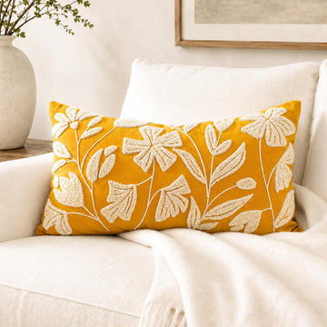 Lumbar Pillow Cover 12x20 Inch, Mustard Floral Tufted Velvet Decorative Accent Pillow Case for Sofa Bed Living Room
