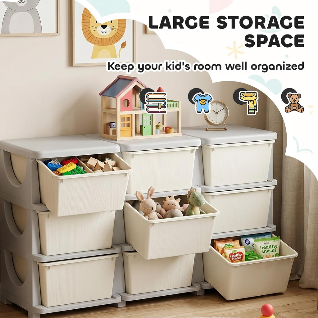 9 Drawers Kids Storage Unit 3 Tier Toy Organizers Cream White | Stackable Storage Chest, Bedroom, Nursery, Playroom