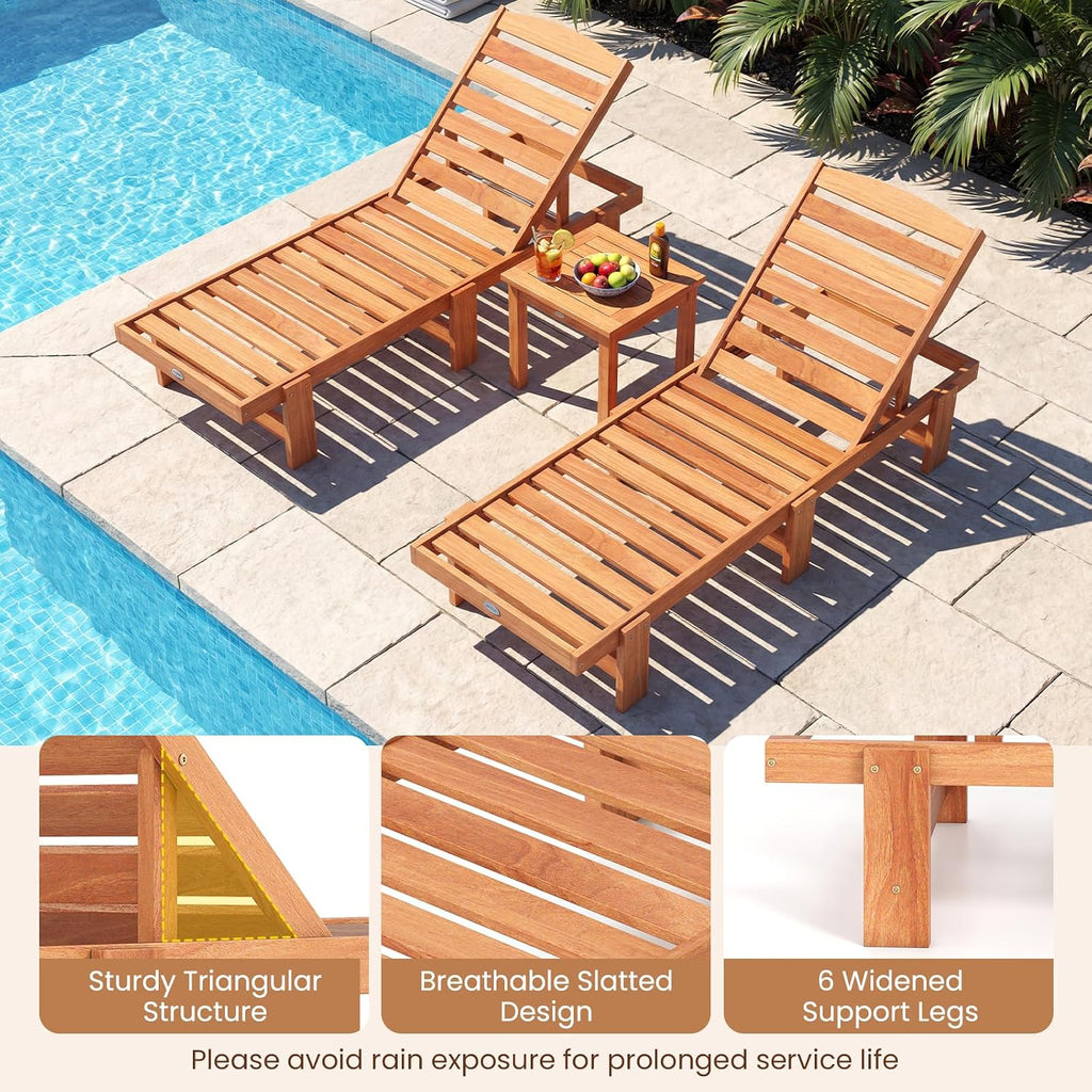 Lounge Chair Outdoor, Solid Wood Patio Chaise Lounge with 5-Level Adjustable Backrest, Wooden Slatted Beach Pool