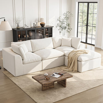 Cloud Sectional Couches | 108 Inch L-Shaped Boneless Couch with Ottoman | Modular Sectionals Sofa Couch Ivory White