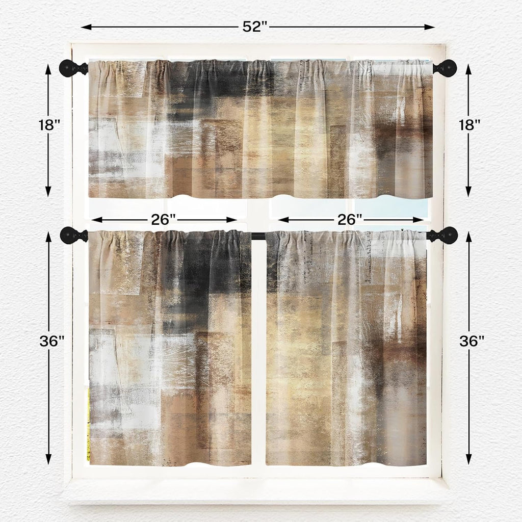Brown Kitchen Window Curtains Valance and Tier Set, Grey Beige Modern Rod Pocket Short Tier Curtain, Abstract