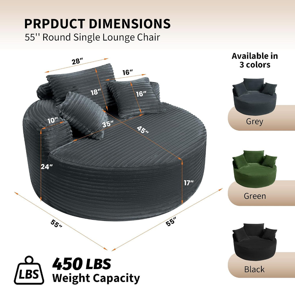 55'' Oversized Round Chaise Lounge Chair Indoor, Upholstered Corduroy Cloud Circle Chair with 3 Pillows, Deep Seat
