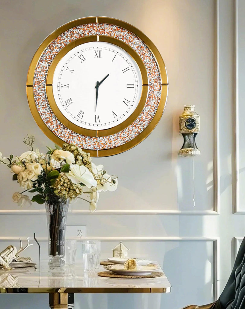 Crushed Diamond Wall Clock: Round Mirrored Clock 23.6 inch Brown