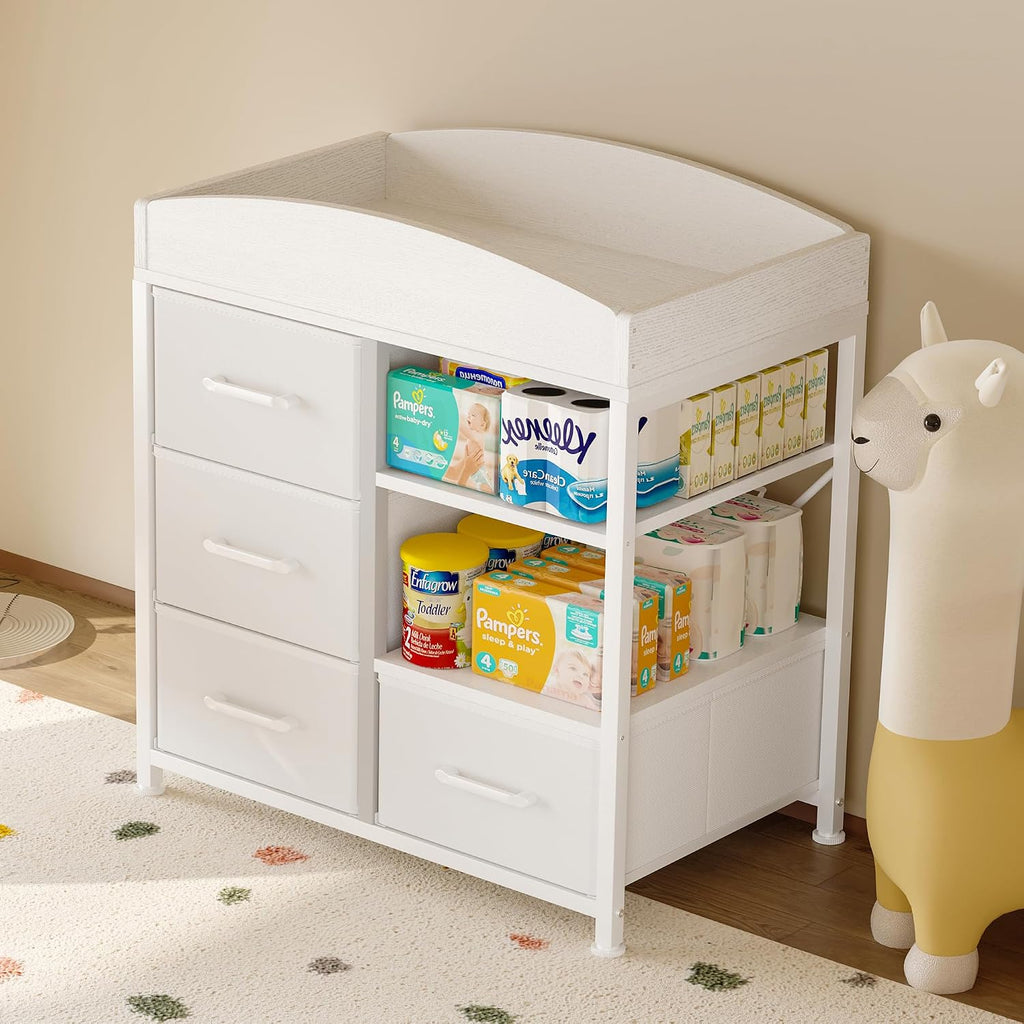 Baby Changing Table with 4 Drawers and 2 Shelves - Baby Dresser with Changing Table Top Diaper Changing Station with