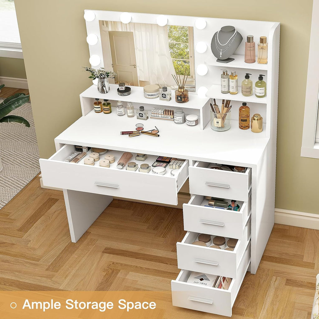 Vanity Desk with Mirror & Lights, Makeup Vanity with 5 Drawers & Storage Shelves, White Vanity Table, 3 Color Modes &