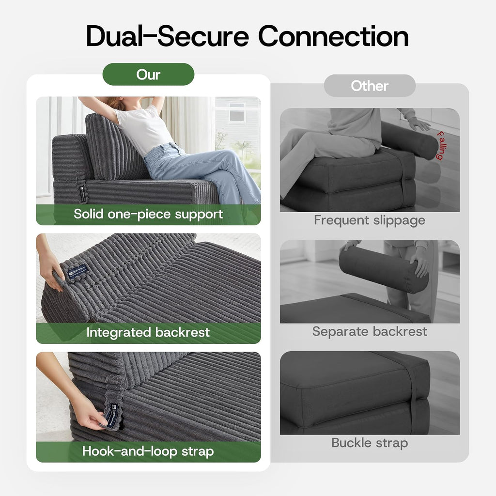 Convertible 4-in-1 Folding Sofa Bed Boneless Sleeper Chair Couch Foldable Chaise Lounger & Mattress Pocket Coils+Foam