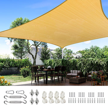 Sun Shade Sail with Hardware Kit 185GSM 12x16ft Sand | Rectangular Outdoor Sunshades UV Block Outside Canopy Cover