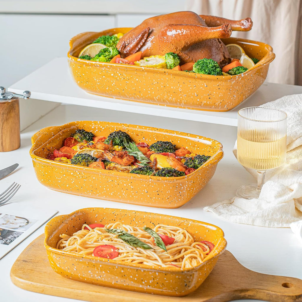 Ceramic Dish Set of 3 (13.8''/12''/9.6''Orange) | Oven-Safe Stackable Deep Rectangular Lasagna Pan with Handles, Up