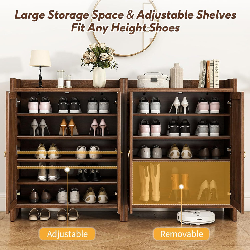 Shoe Cabinet Storage - Rattan Entry Way Shoe Storage Cabinet with Adjustable Shelves, Wood Shoe Organizer Cabinet