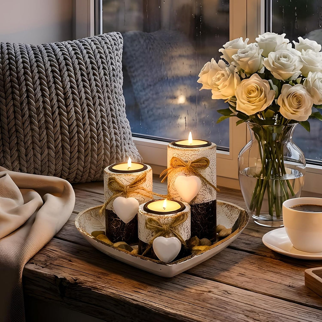Farmhouse Candle Holders 3 Pack Rustic Wooden Pillar Candle Holder | Heart Tray and Stones Tealight Candles Holders