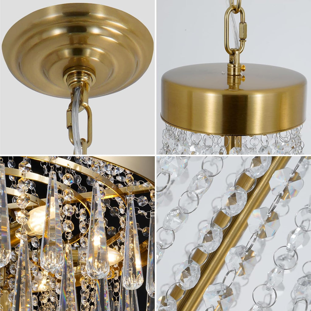 Gold Crystal Chandelier Light, 9-Lights French Empire Chandeliers Lighting for High Ceiling Hanging Pendant for Dining Living Room Foyer Kitchen Bedroom Entryway, Brushed Brass, Golden