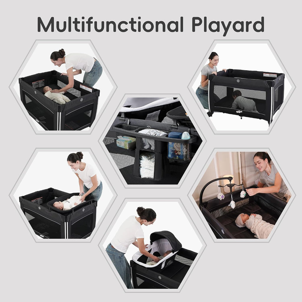 4 in 1 Baby Playards with Bassinet & Changing Table, Portable Crib Breathable Mesh and Toy Mobile