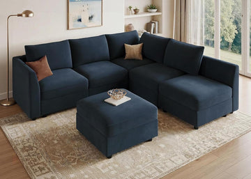 Modular Sectional Couch L Shaped Sectional Sofa with Storage Velvet Convertible Sectional Couches ,Dark Blue