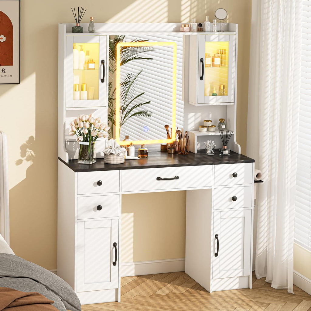 Vanity Desk with LED Lights Mirror & Power Outlet, Makeup Vanity Table Set with 3 Lights Modes, Dressing Table for
