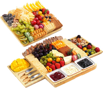 Large Bamboo Charcuterie Board, Double Pull-Out Trays Set, Natural | 15.8"x12.6" Cheese Board with Dual Pull-Out
