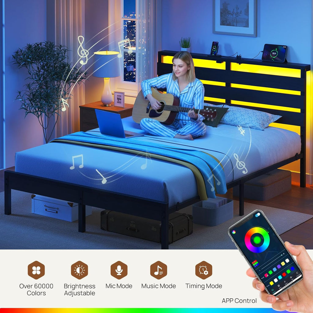 Full Bed Frame with USB Charging Station, LED Bed Frame with Wood Storage Headboard