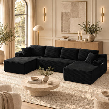 134" Boneless Couch, U-Shaped Modular Sectional Sofa, Beige