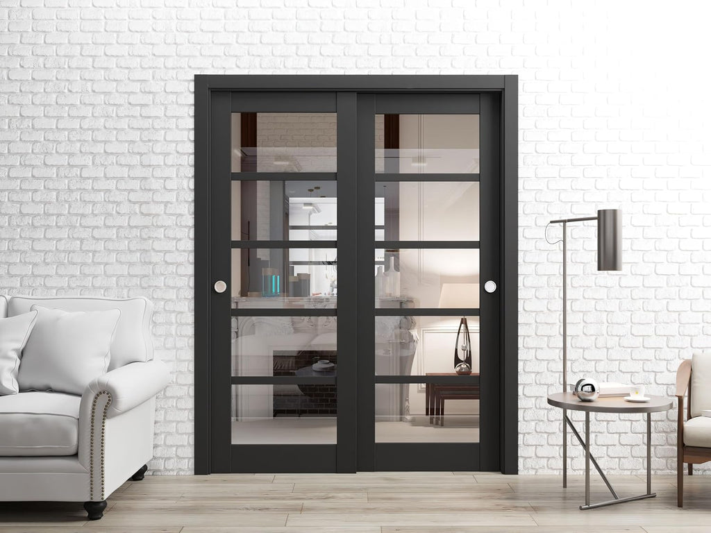 Slab Barn Door Panel | Quadro 4522 Matte Black with Clear Glass | Sturdy Finished Doors | Pocket Closet Sliding-30 x