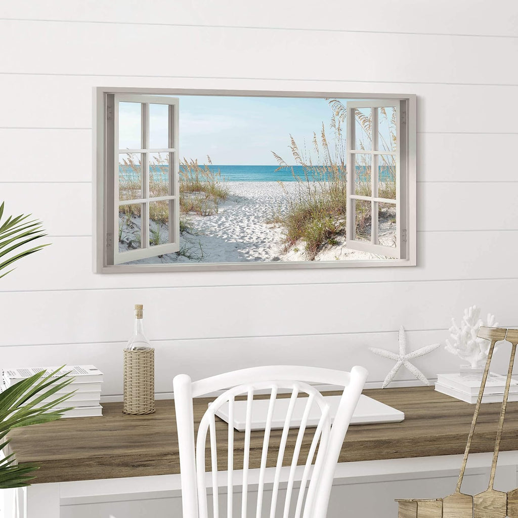 Window Beach Wall Art Prints: Modern Large Tropical Coastal Landscape Canvas Bedroom Blue Ocean Picture Relaxing