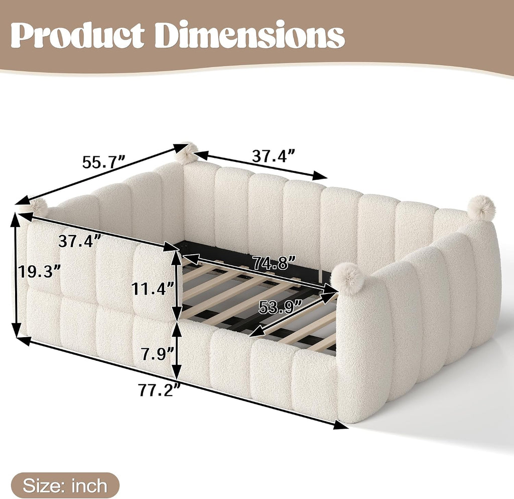 Full Size Upholstered Montessori Floor Bed Frame with Full Surround Safety Rails, for Girls & Boys, Teddy Fleece