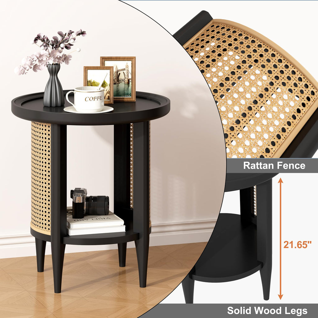 Round Rattan Style Side Table with Solid Wood Legs, Boho Style Nightstand Bedside Table with 2-Tier Shelves, Small
