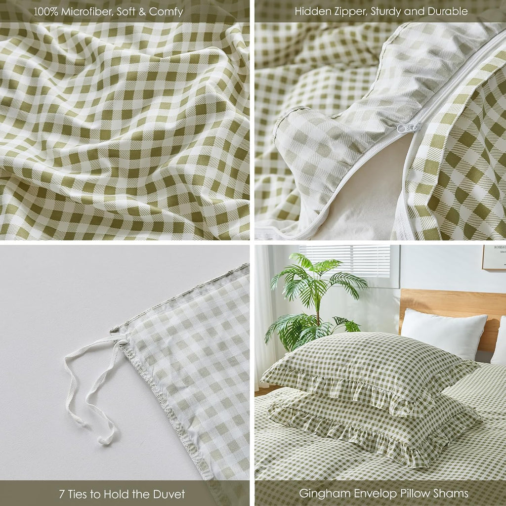 Gingham Duvet Cover, 3 Pieces Soft Breathable Microfiber Plaid Duvet Cover with Zipper Closure & 2 Pillow