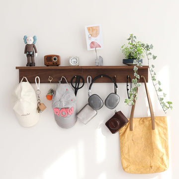 Wall Mount Walnut Coat Rack, 5 Brass Hooks, Floating Shelf | Adjustable rail with movable wood hooks