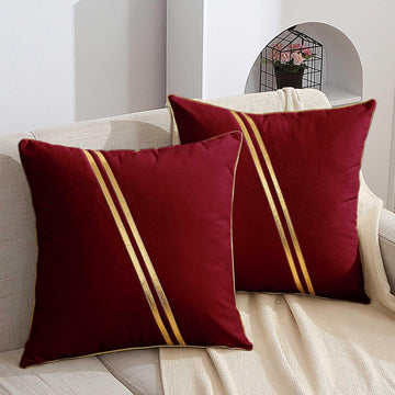 Pack of 2 Gold Throw Pillow Covers - Soft Decorative Luxury Velvet Cushion Covers Pillow Cases with Gold Leather for