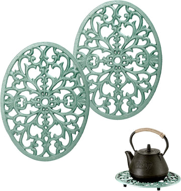 Cast Iron Trivets, Decorative Oval Metal Trivets, 9.6"x7.3", Green - Set of 2