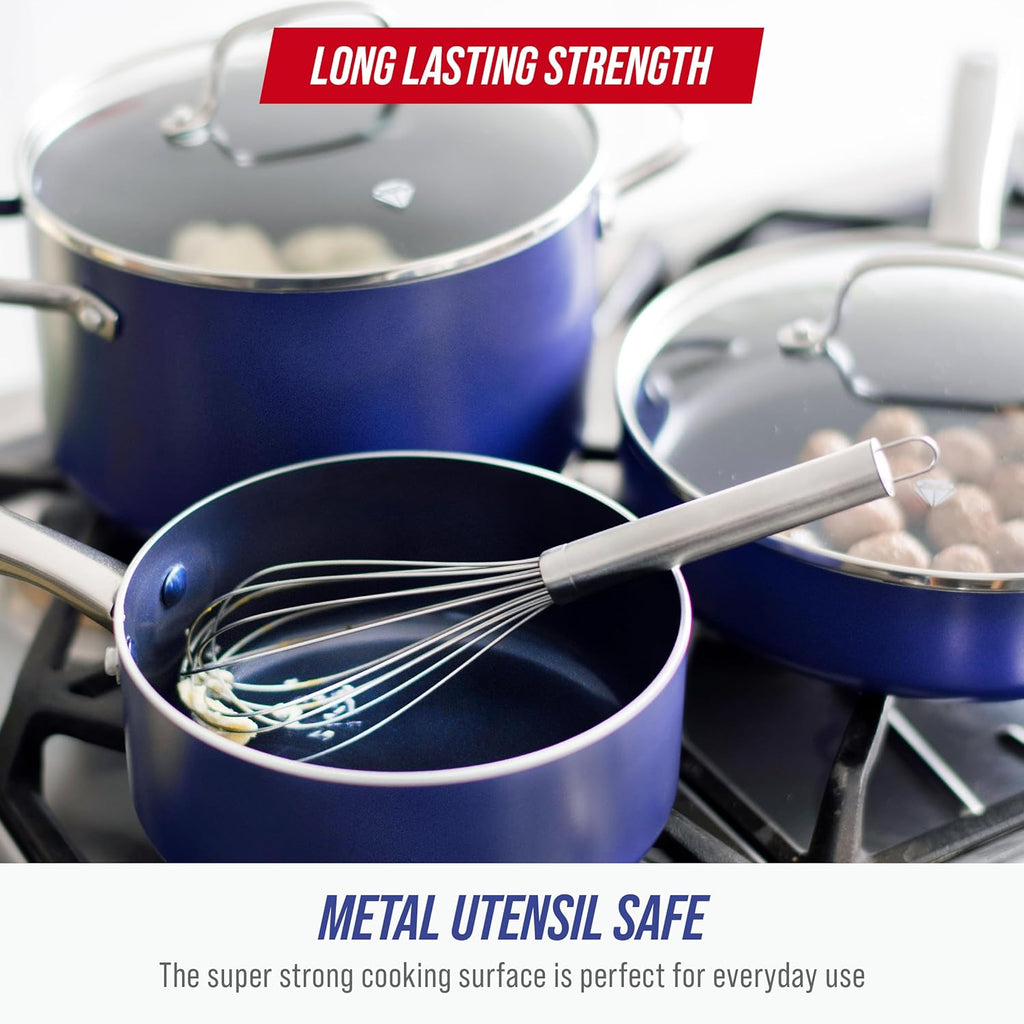 10 Piece Ceramic Nonstick Cookware Pots & Pans Set, Blue | PFAS-Free Diamond Infused Ceramic Nonstick, Metal Utensil